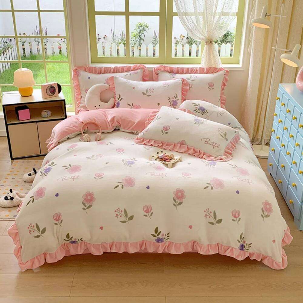 Winter Warm Milk Velvet Four-Piece Soft Quilt Cover Pillowcase Bed Sheet Comfortable Coral Fleece Bedding Set Home Textiles W260302
