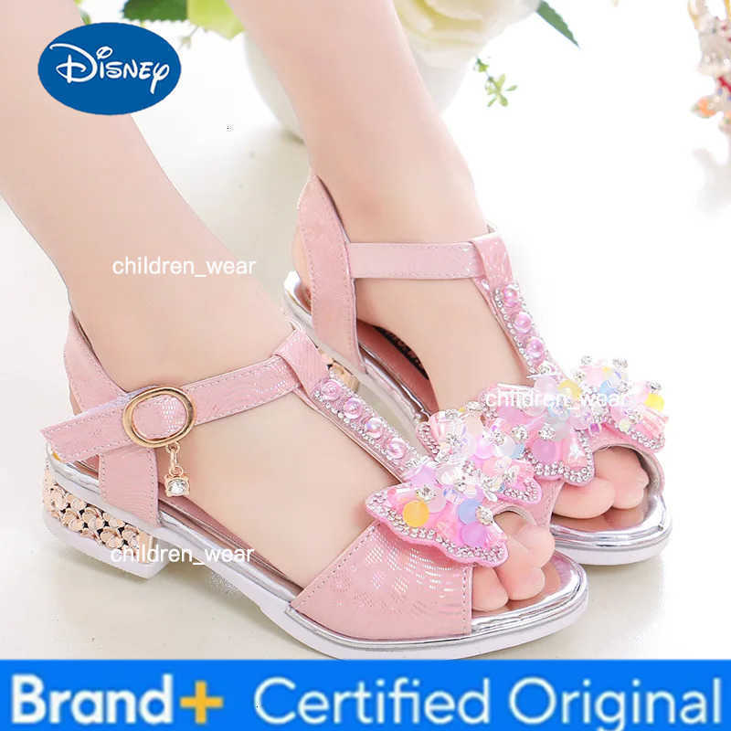 Disney Girls Dance Shoes Non-slip Soft Sole Kids Princess Shoes T-strap Open Toes 2025 Summer New Children Sandals Sweet Bows Non-slip H260303