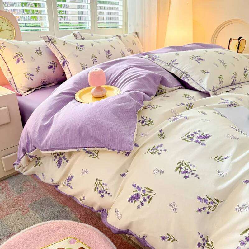 100% Cotton Lavender Print Duvet Cover 4-Piece Bedding Set W260302