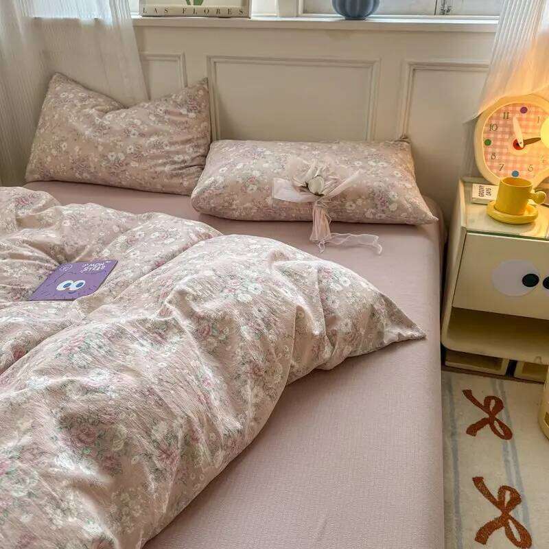 Four-piece set household Class A pure cotton four-season universal quilt cover bed sheet simple plant flower printing and dyeing W260302