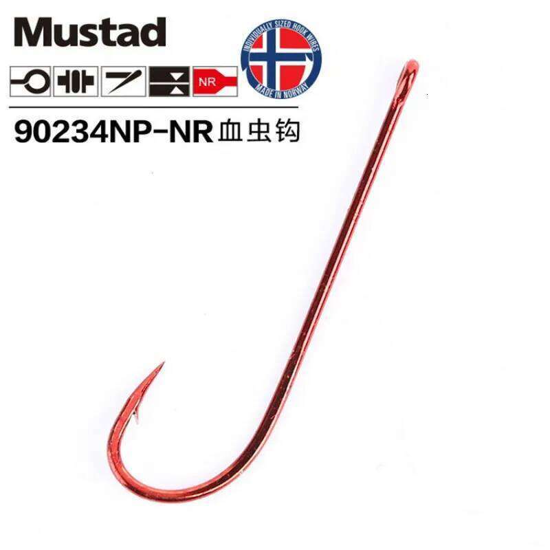 Original Mustad for Sea Fishing Pesca 90234 High Carbon Steel Hook Blood Worm Bait Barbed Peche Long Handle Hooks Z260228