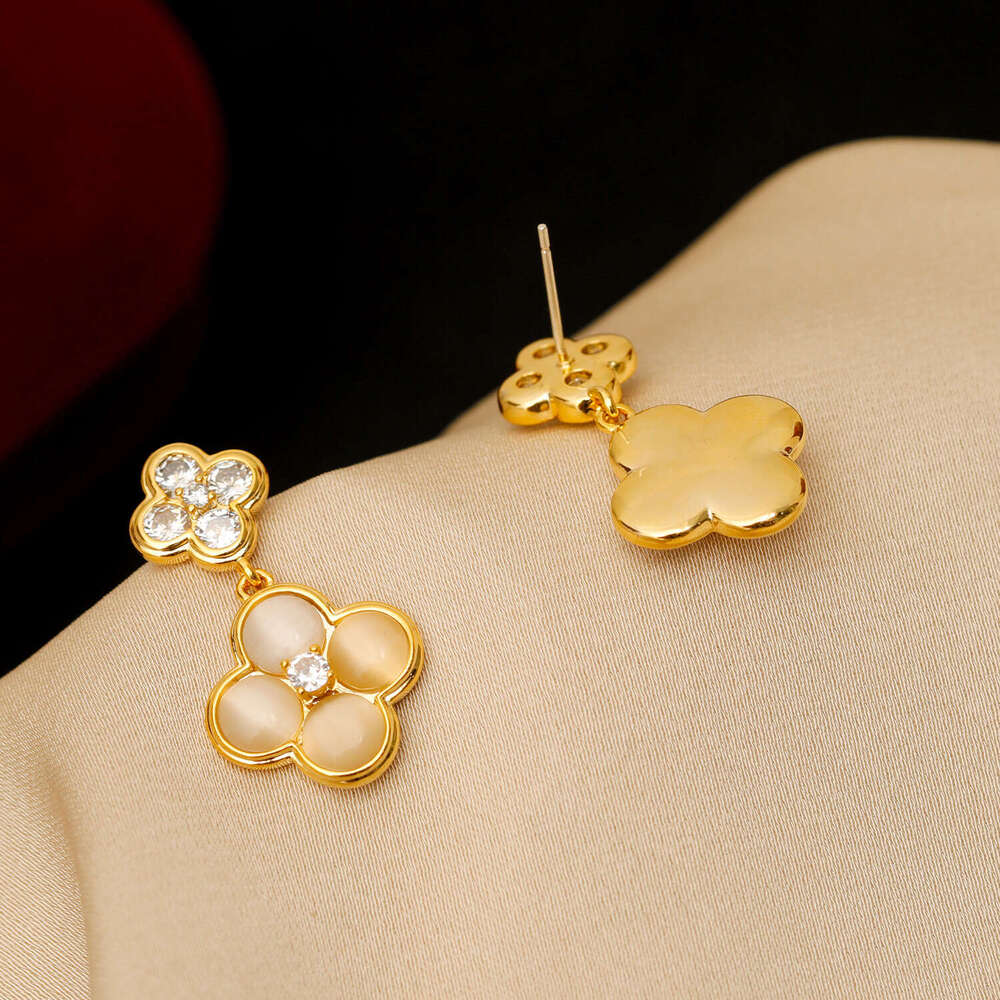 Versatile Cat's Eye Stone Earrings Four-leaf Clover Earrings Light Luxury Zirconia Inlaid Jewelry For Women