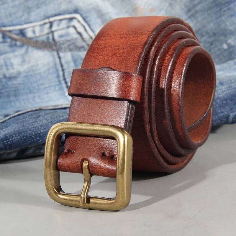 3.8cm Male Leather Copper Buckle Handmade First Pure Cowhide Retro All-match Casual Jeans Soft Belt Brown Black Luxury S260228