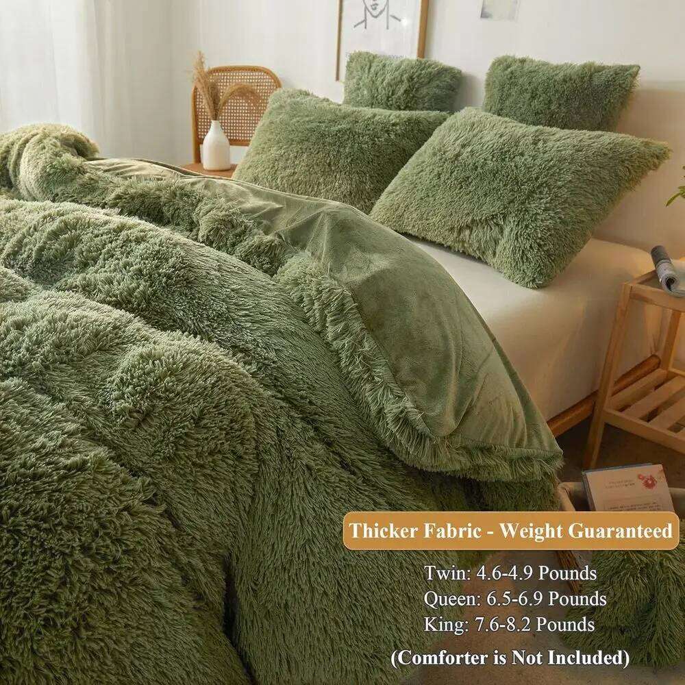 Luxury Sage Green Plush Shaggy Duvet Cover Set with 2 Pillow Shams, Queen Size W260302