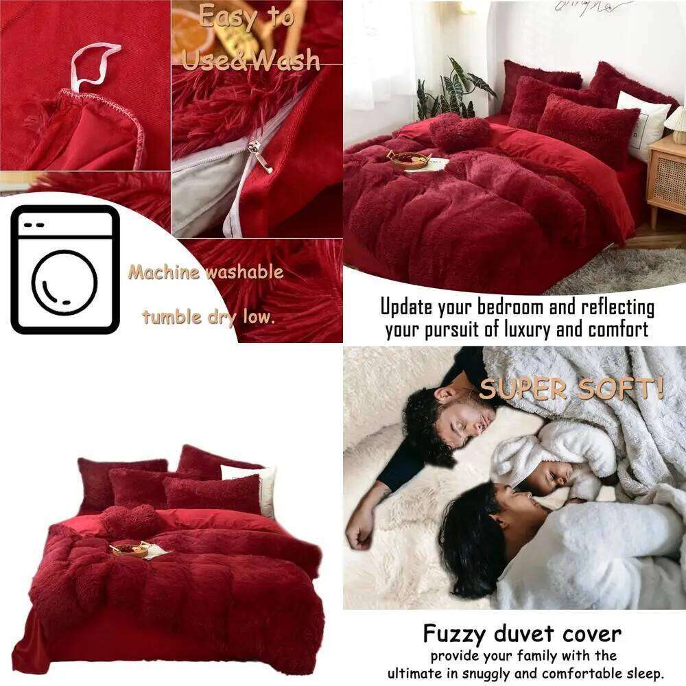 Red King Size Fluffy Faux Fur Duvet Set with 5 Pieces, Plush Velvet Quilt Cover and Pillowcases W260302