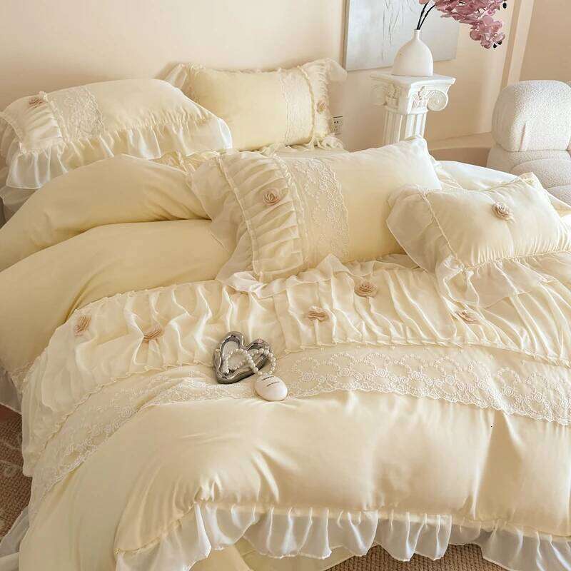 4 Pieces Of Korean Princess Style Cotton 100% Girly Lace Bedding Set Duvet Cover Bed Sheet 200x230 220x240 Four Seasons W260302