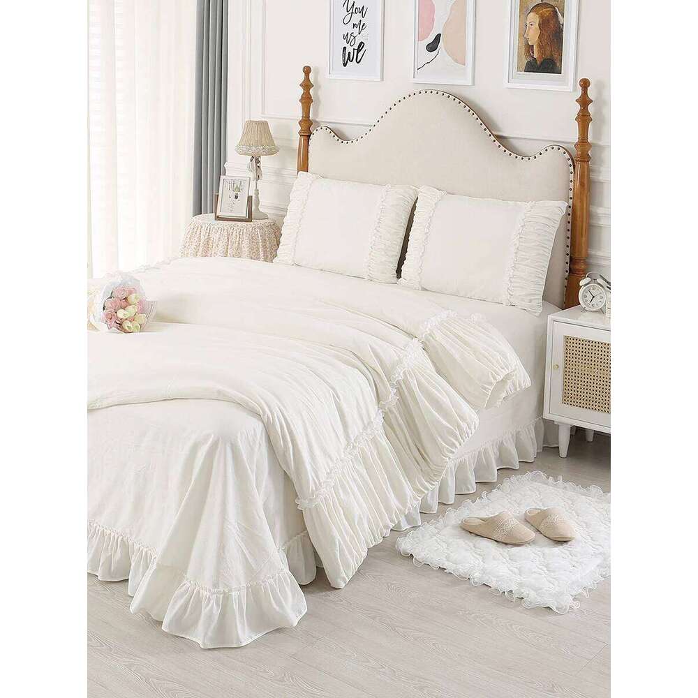 100% Premium Cotton Bedding Four Piece Set, Fairy Wind Lolita White Skirt Bed Sheet Quilt Cover, Ruffle Edge Duvet Cover Set W260302