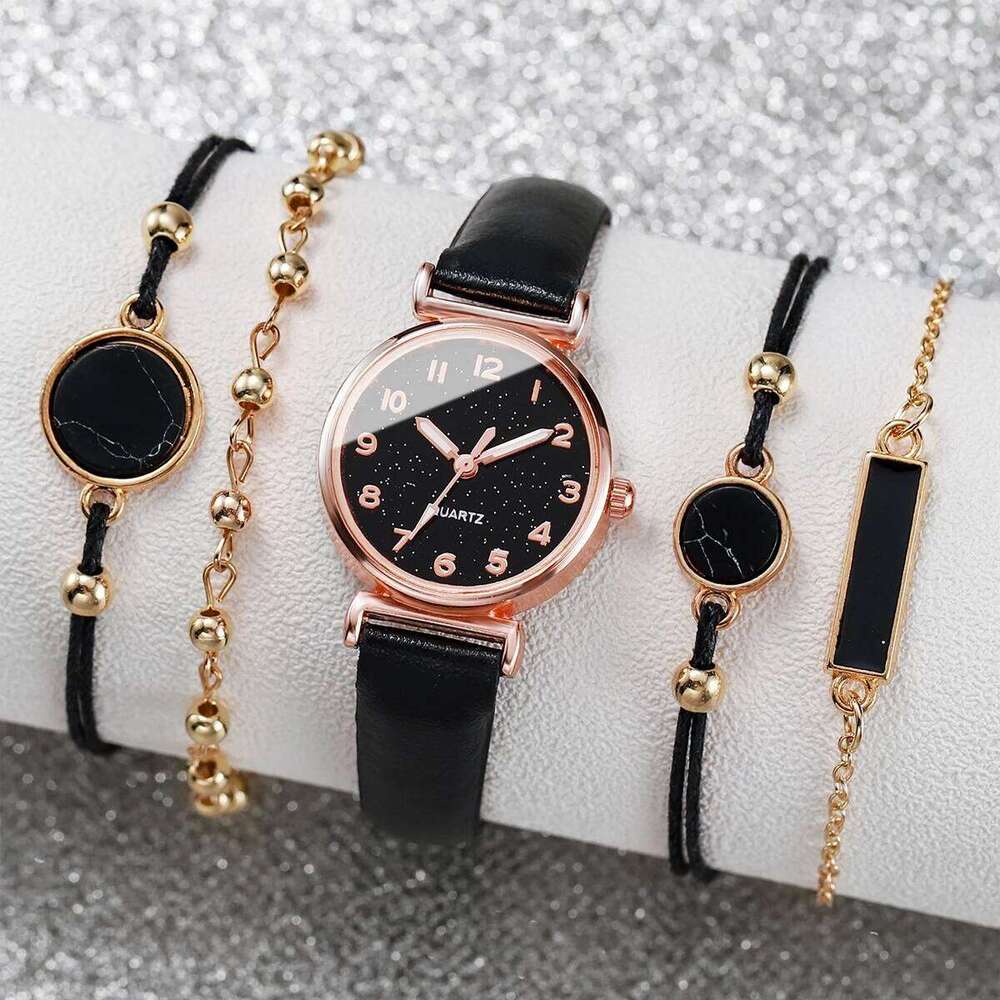 5PCS/Set Women's Watch Fashion Starry Sky Dial Leather Band Quartz Watches Turquoise Bracelets Set XJ260303