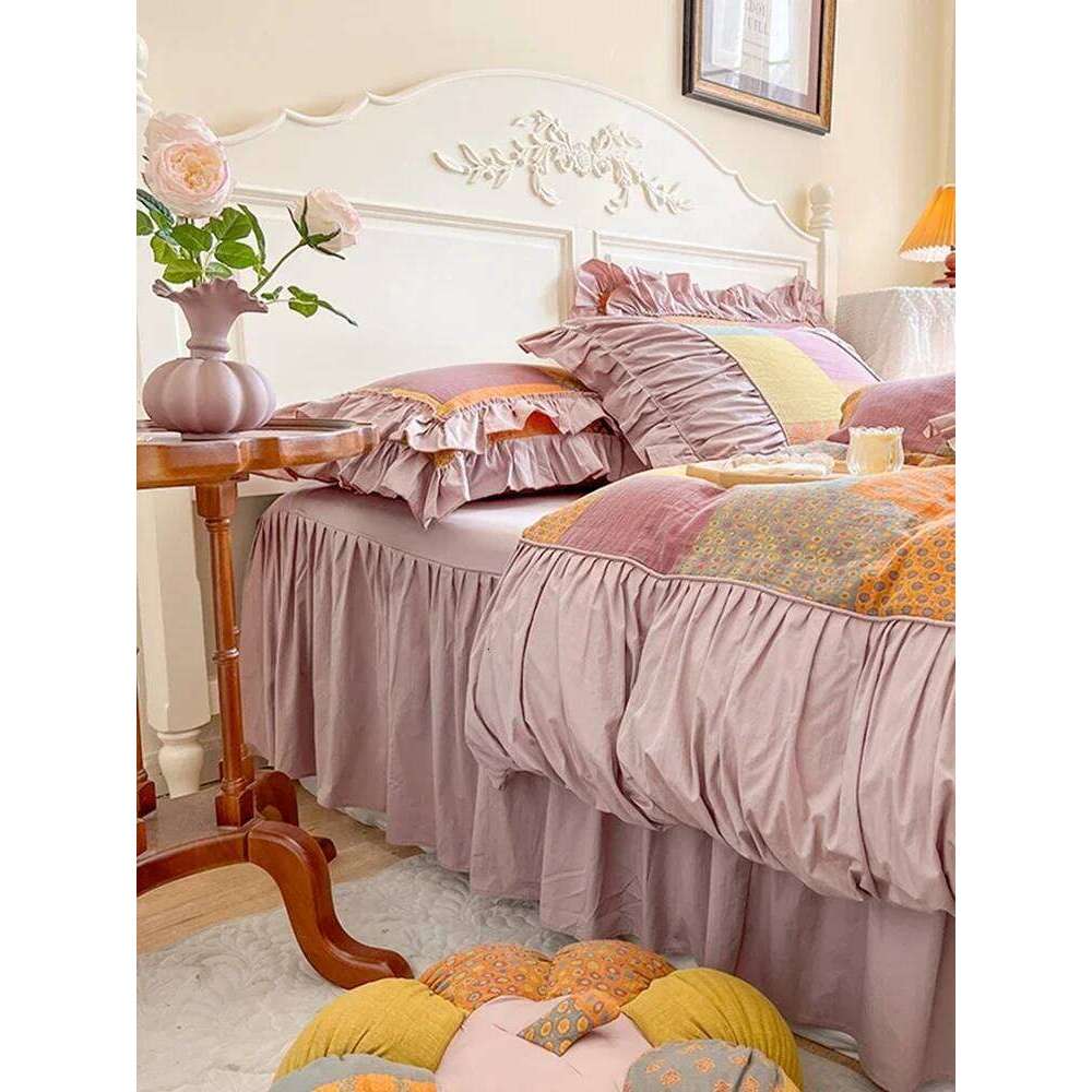 Four-Piece Set Bed Skirt Stitching Printing and Dyeing Household Bedding French Retro Plaid Cotton Thickened Warm Autumn Winter W260302