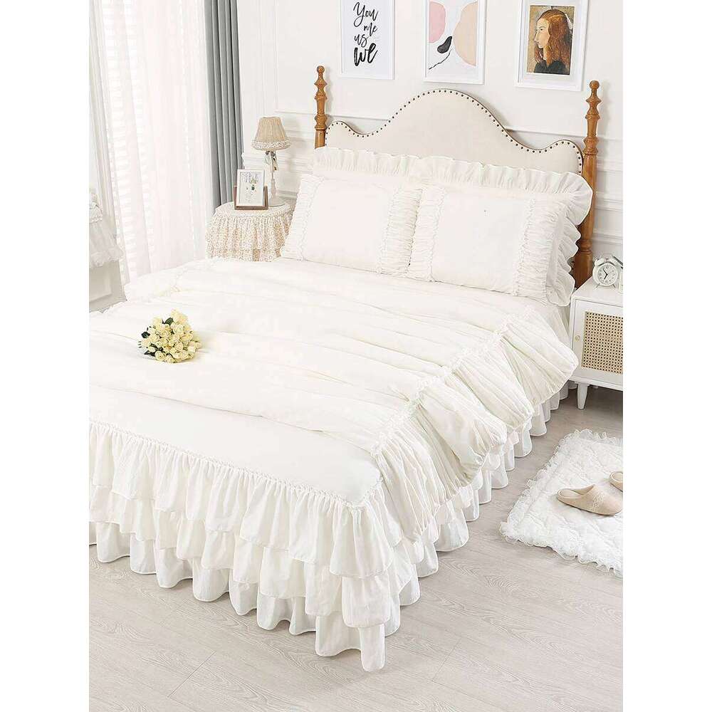100% Premium Cotton Bedding Four Piece Set, Fairy Wind Lolita White Skirt Bed Sheet Quilt Cover, Ruffle Edge Duvet Cover Set W260302