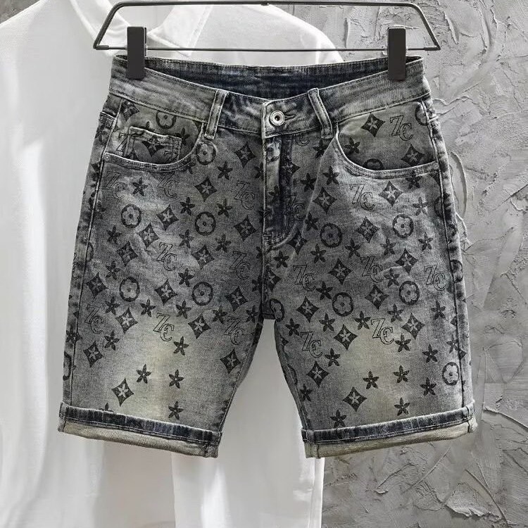 2026 Luxury Brand Designer Clothing Elastic Denim Shorts For Men, Summer Thin Style, Unique Full Body Print, Slim Fit, Straight Leg, Versatile, Slimmi