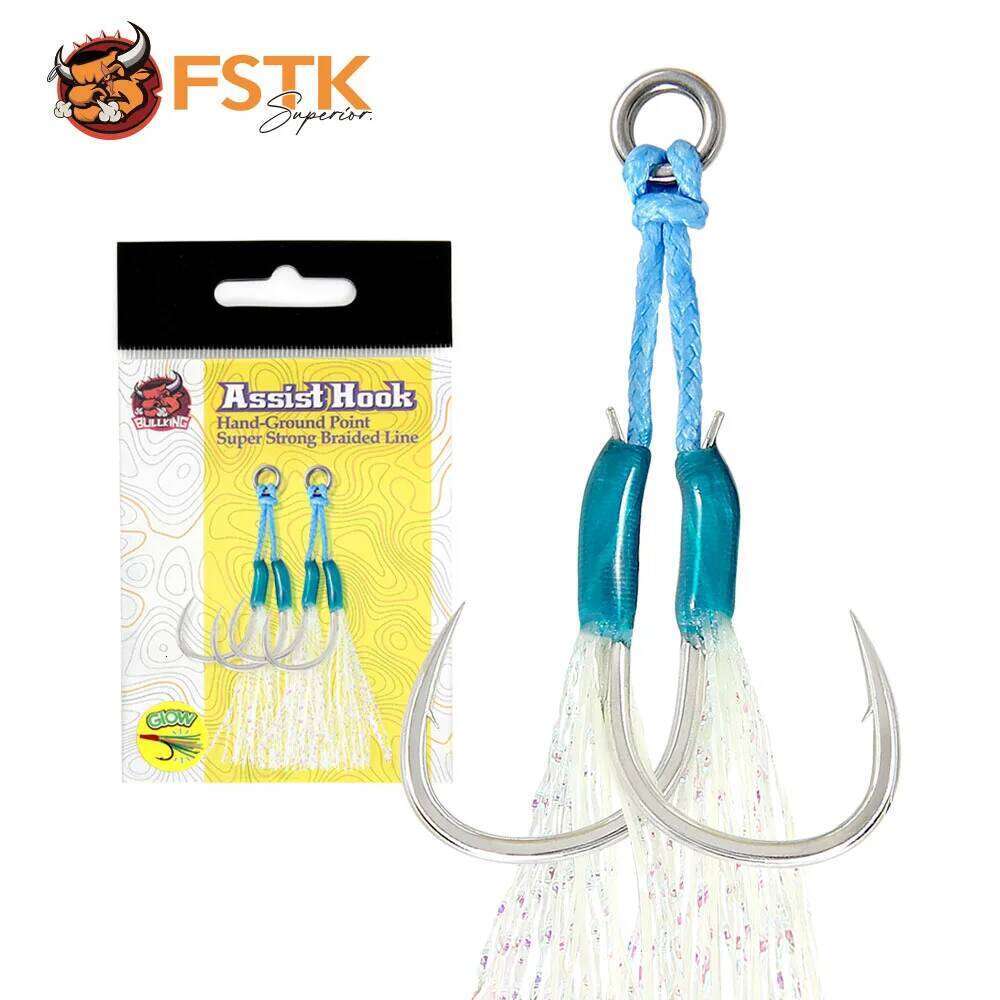 FSTK Metal Jig glow Feather Assist Hook12#13#14#High Carbon Steel epoxy glue Double hook Sea Fishing Hook Slow Jigging Z260228