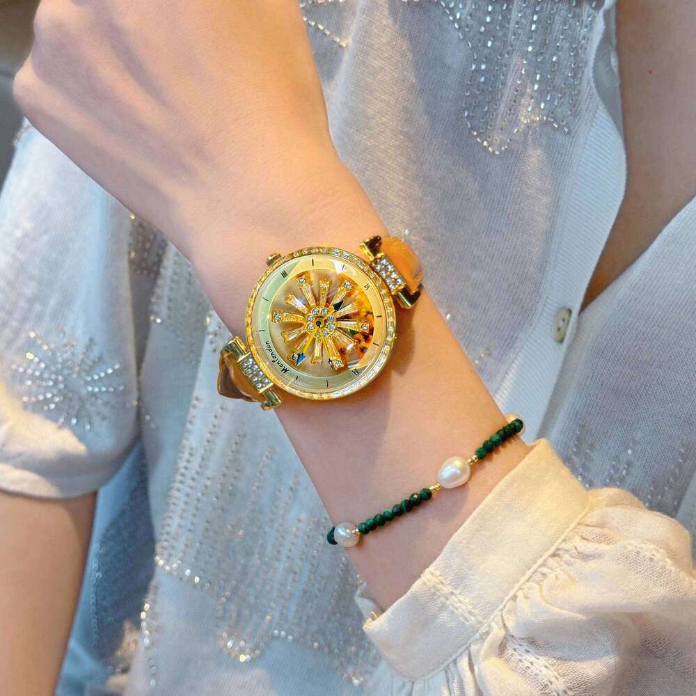 Fashionable Women's With Transparent Back, Diamond Inlaid, Rotating Galaxy Dial, Sunflower Design Waterproof Quartz Watch XJ260303