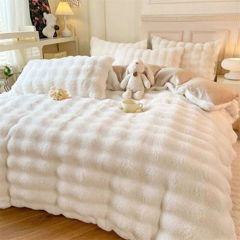 4Pcs Faux Rabbit Fur Blankets for Beds Winter Luxury Fluffy Plush Throw Blanket Bedroom Sofa Cover Pillowcase Cozy&Soft Bedding W260302 W260302