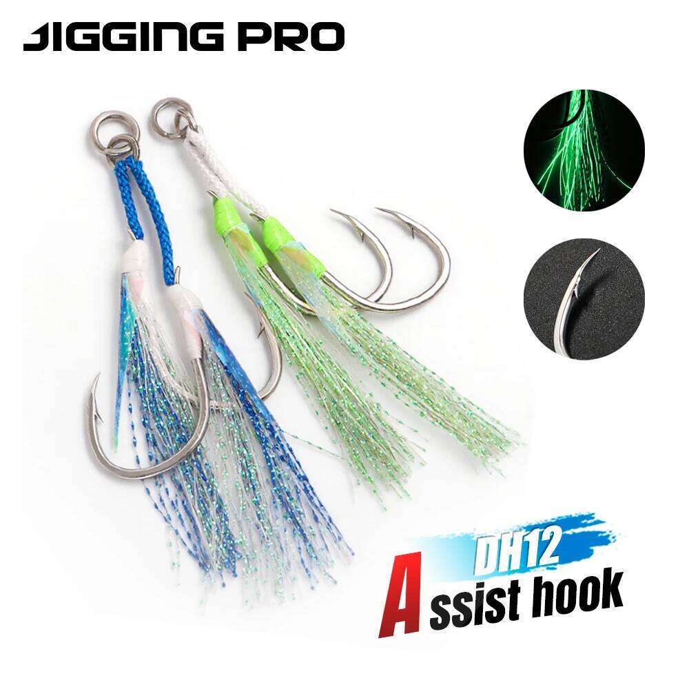 JIGGING PRO 2pcs Twin Assist Luminous Metal Jig Mate High Carbon Steel Hook 1/0 2/0 3/0 4/0 Double BKK Jigging Hooks Z260228
