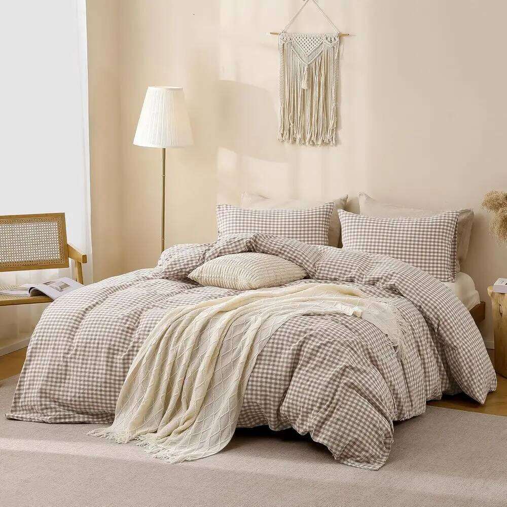 Vintage Brown Plaid Washed Cotton Queen Duvet Cover Set, 100% Soft Linen-Like, 3-Piece, Comforter Not Included W260302