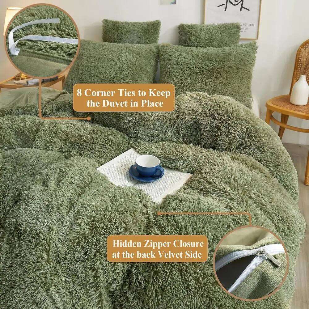 Luxury Sage Green Plush Shaggy Duvet Cover Set with 2 Pillow Shams, Queen Size W260302