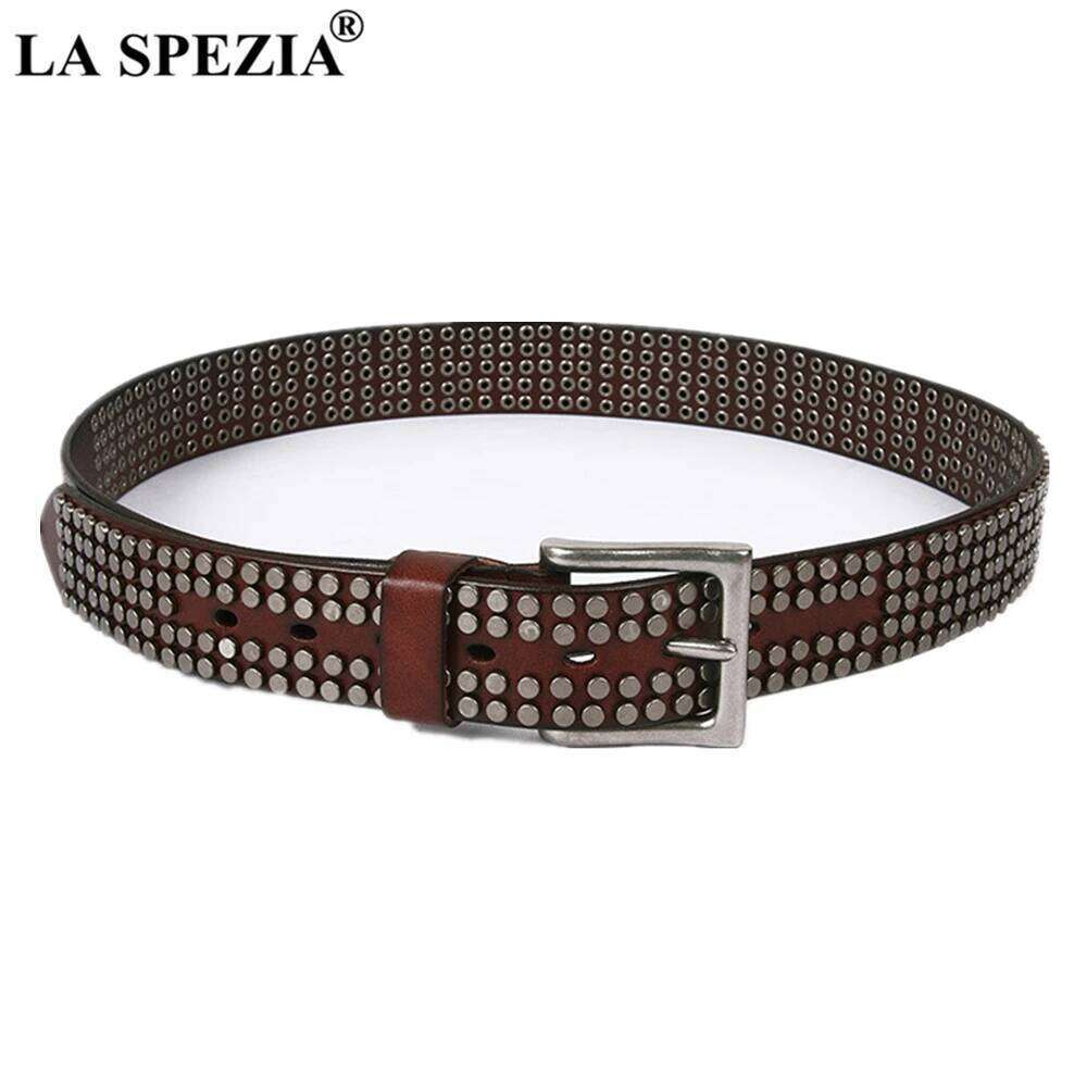 LA SPEZIA Rock Belts Men Women Punk Rivet Genuine Cowskin Leather Buckle Black Cofee White Steampunk Accessories S260228