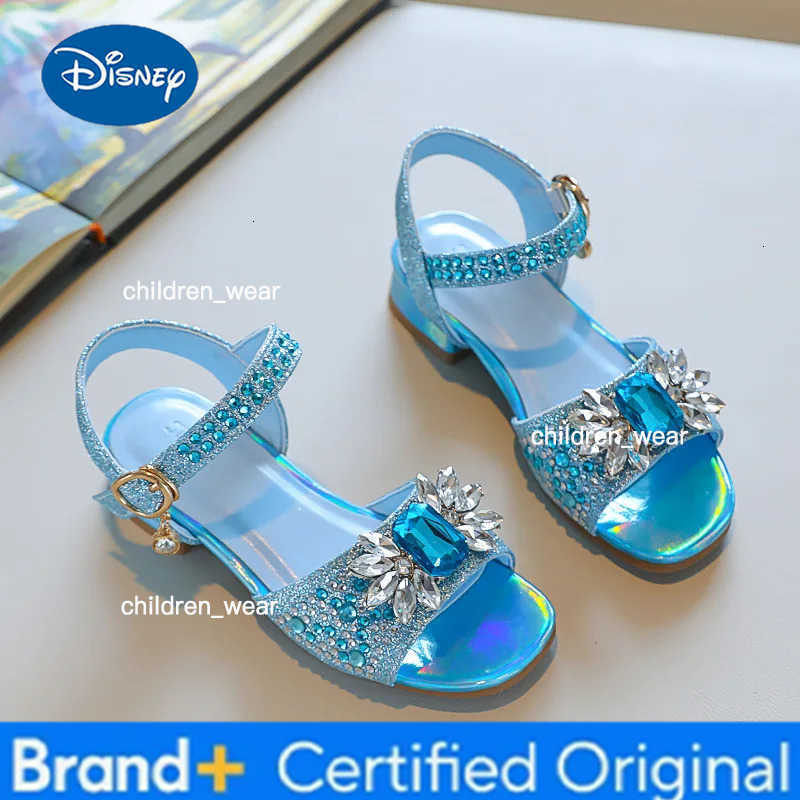 Disney Girls Crystal Princess Shoes 2025 Summer New Thick Heel Childrens Sandals Fashion Rhinestone Girls Performance Beach Shoes H260303