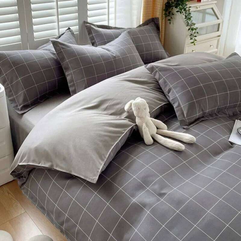 Plant Thickened Three Four Piece Bed Sheet Set Blue And White Large Grid W260302