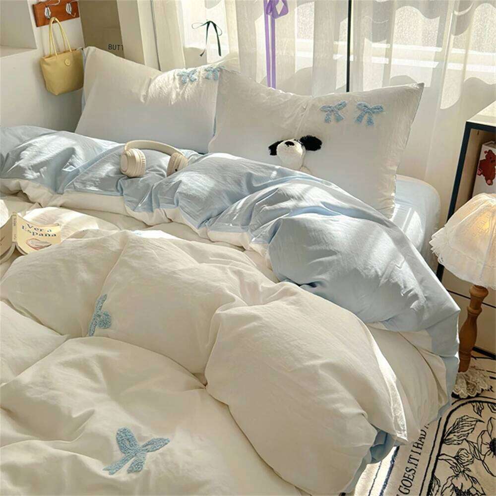 Ins Style Girl Blue 1.5m/1.8m Fitted Bow Towel Bedding Embroidery Washed Cotton Four-piece Set Bed Sheet Three-piece W260302