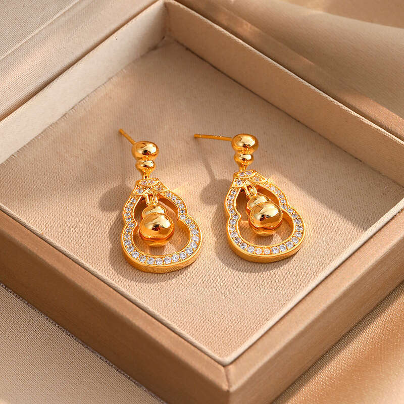 Chinese-style Hollow Gourd Pendant For Women Icro-inlaid Studs Fashionable Earrings