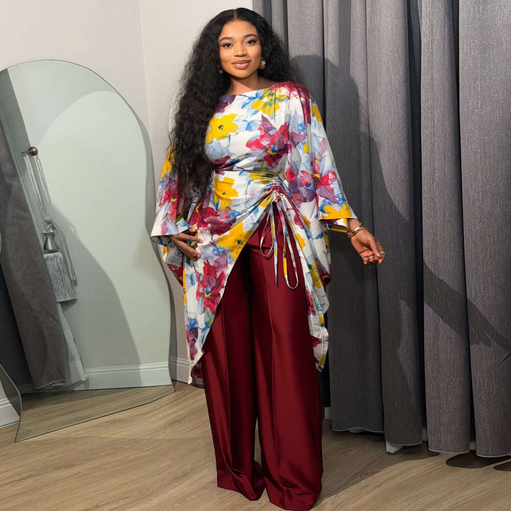 Amazon European And American Cross-Border 2026 Spring New Plus Size Printed Batwing Sleeve Wide-Leg Pants Set Elegant Casual Style