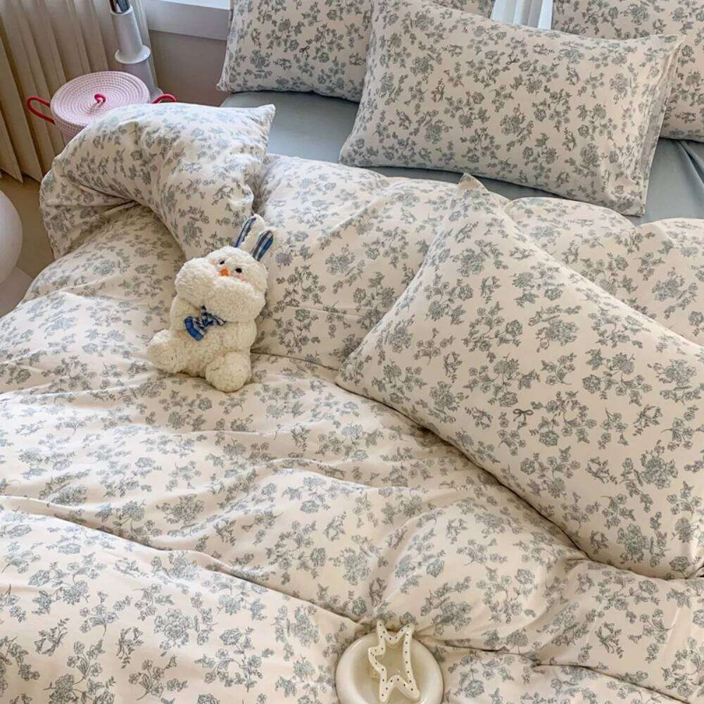 Class A Knitted Bedding Floral Style Linen Soft Double Yarn Four-Piece Quilt Cover Set Bed Sheets Gift for Home W260302 W260302