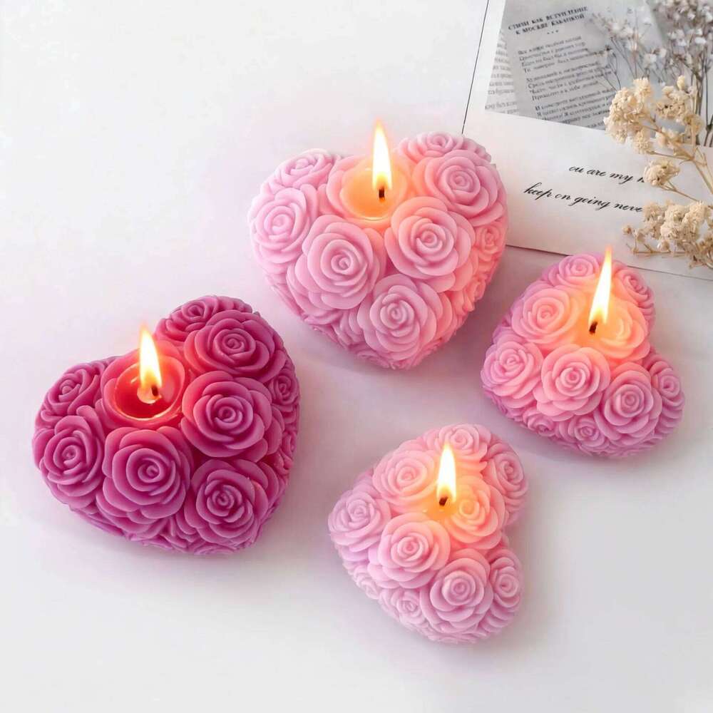 DIY Heart-Shaped Pink Flowers Silicone Handmade Scented Plaster Resin Mold Epoxy Soap Candle Making Supplies W260303