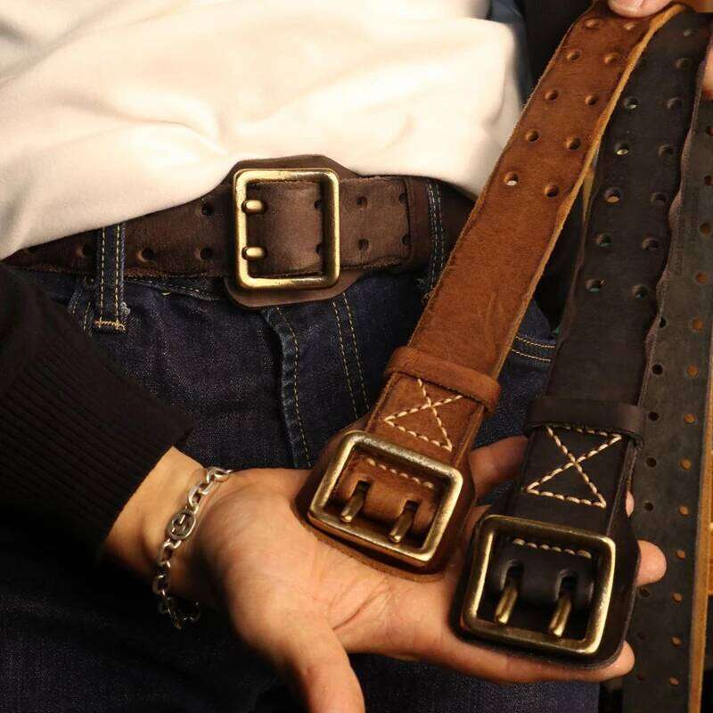 Original Handmade Double-needle Buckle Men's Washed Water Made Old Macho Jeans Genuine Leather y2k Army Tactical Belt S260228