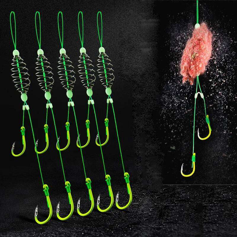 5 Pairs/Lot Double Barbed Carbon Steel Fishing Hook with PE Line Anti-winding Bighead Carp Anti-tangle Explosion Hooks Z260228