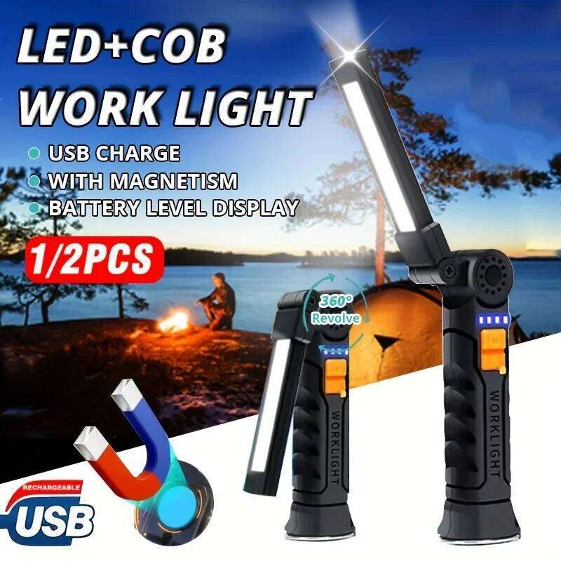 Rechargeable COB LED Work Light w/Magnet Base,360 Rotation,HooksDual Lamp Modes,Waterproof,Portable for Camping,Fishing,Reading S260302