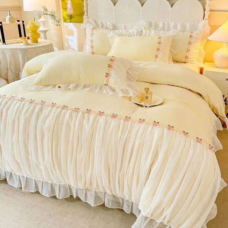Light Luxury French Four-piece Bedding Set Washed Cotton High-grade Fairy Solid Color Bed Sheet Quilt Cover W260302