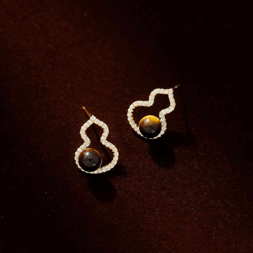 Tiger Eye Stone Hollow Micro-inlaid Gourd Niche Design Earrings Light Luxury Ear Accessories