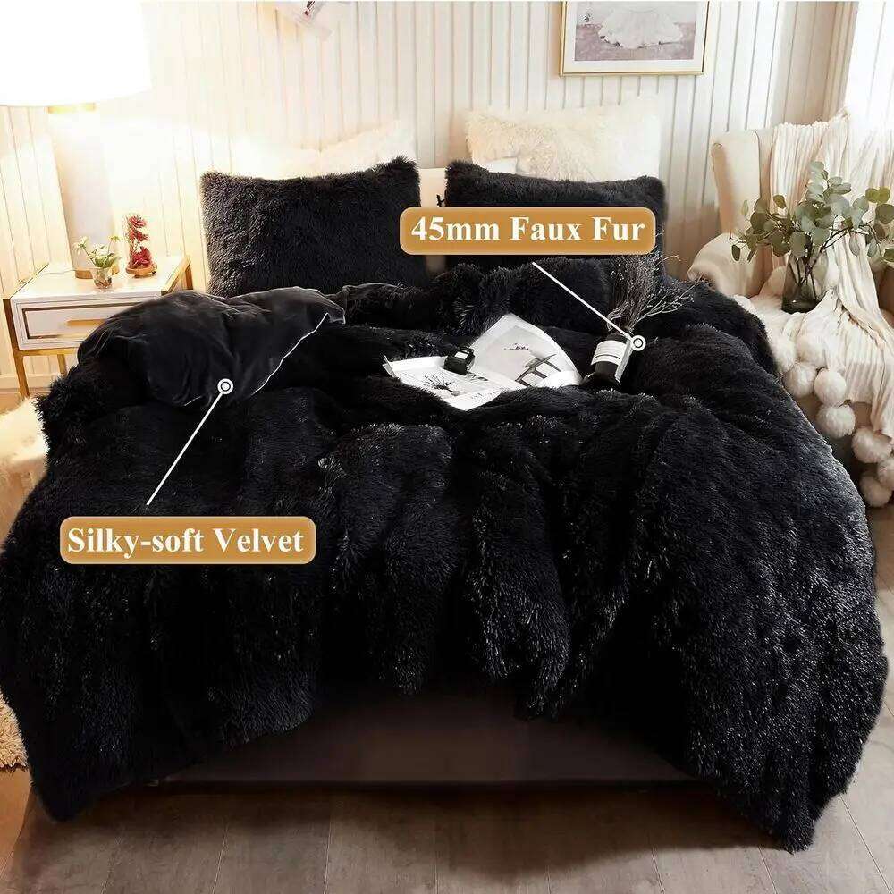 Luxury Soft Crystal Velvet Duvet Cover - Plush Faux Fur Comforter King, Black W260302