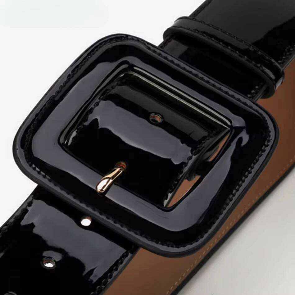 RAINIE SEAN Black Wide Ladies Belts Patent Women Genuine Leather Cowhide Fashion Big Buckle Belt for Dress Burgundy S260228