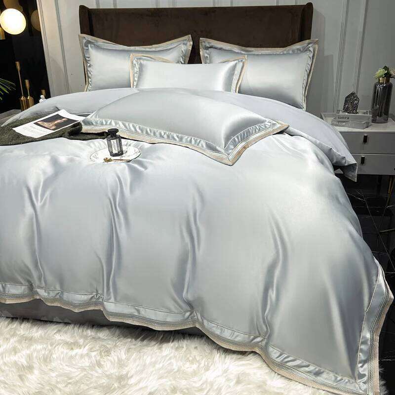 Simple Solid Color Silk Sheets Luxury Bedding Set Twin Full Queen Size Soft Bed Linen Duvet Cover Bedclothes Kit W260302