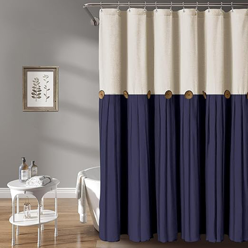YL-38293 Button-trimmed bathroom shower curtain, cotton and linen waterproof button-down bathroom curtain.