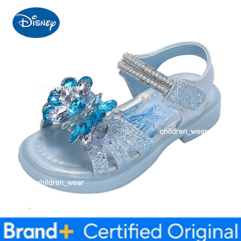 Disney Kids Sandals Elsa Princess Frozen PU Leather Crystal Summer Flat Shoes For Girls Breathable Anti-slip Blue Pink Size 23-33 H260303