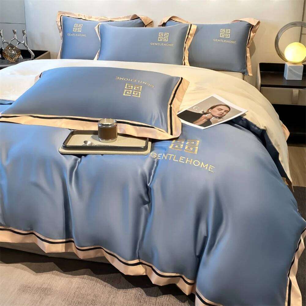 Luxury Embroidery Four-Piece Washed Ice Silk Smooth Sleeping Naked Summer Duvet Cover Bed Sheet Pillowcases Bedding Set W260302