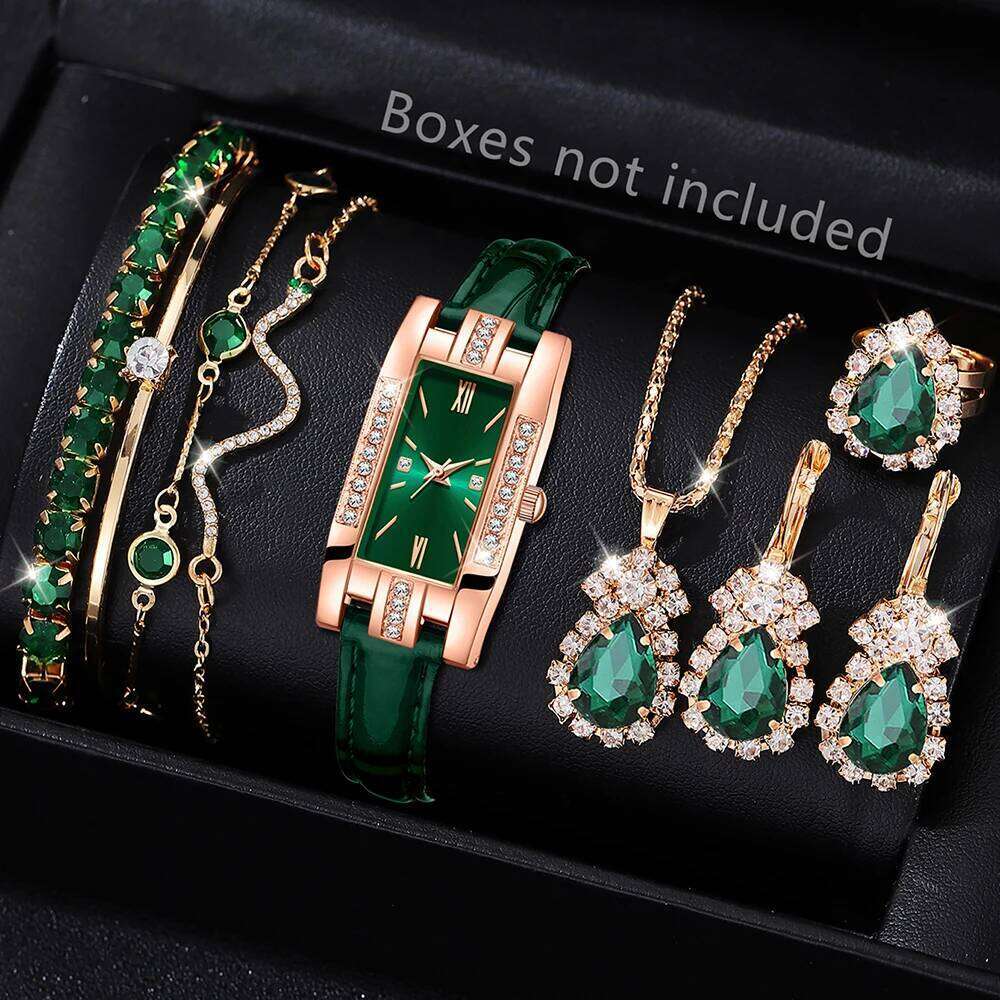 9 Pieces Green for Women Fashionable Rectangular Dial Watch Quartz Bracelet Necklace Earrings Set Holiday Gift XJ260303