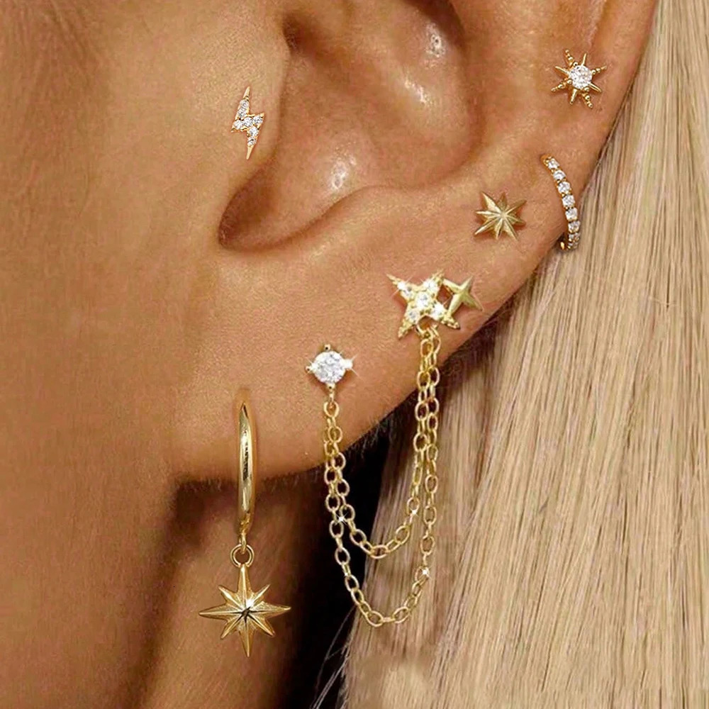 6PCS Fashion Cute Zircon Flower Ear Stud For Women Fashion 18K Gold Plated Star Ear Stud Earring Piercing Girl Set Jewelry Gift 260302