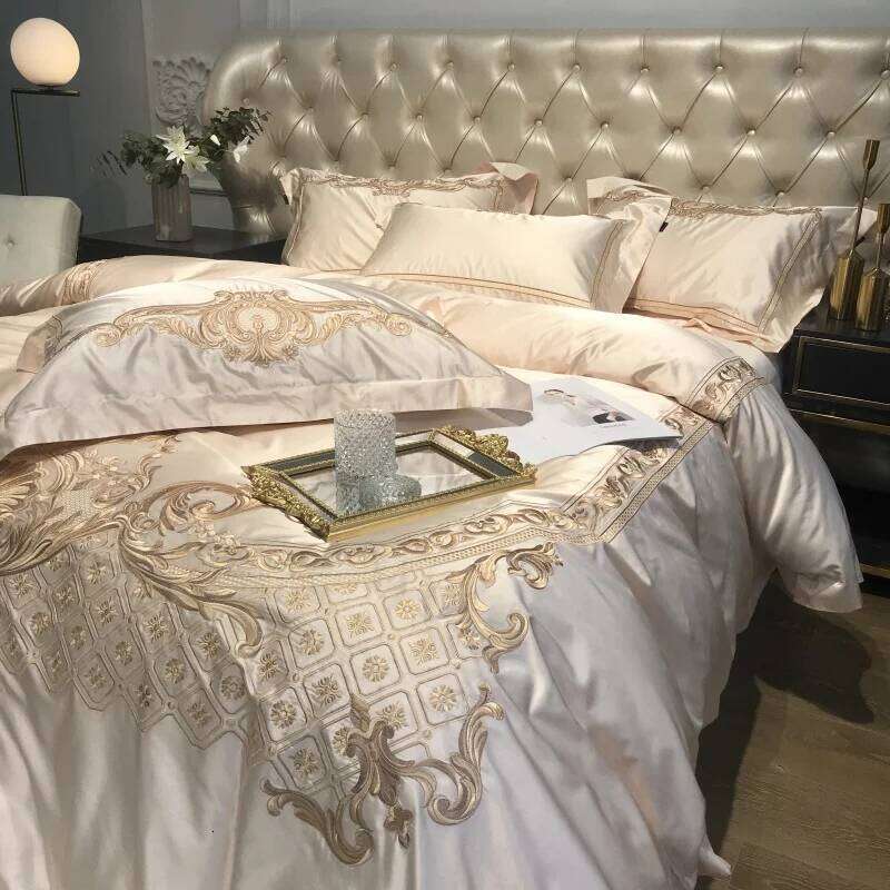 Royal Golden Embroidery European Palace Luxury Bedding Set Champagne Brocade Egyptian Cotton Duvet Cover Bed Sheet Pillowcases W260302