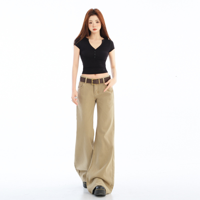 Americn Retro Flred Jens For Women 2026 New Style Designer Pnts Low-wisted Loose Niche Khki Color Drpey Brown Wide-leg Pnts