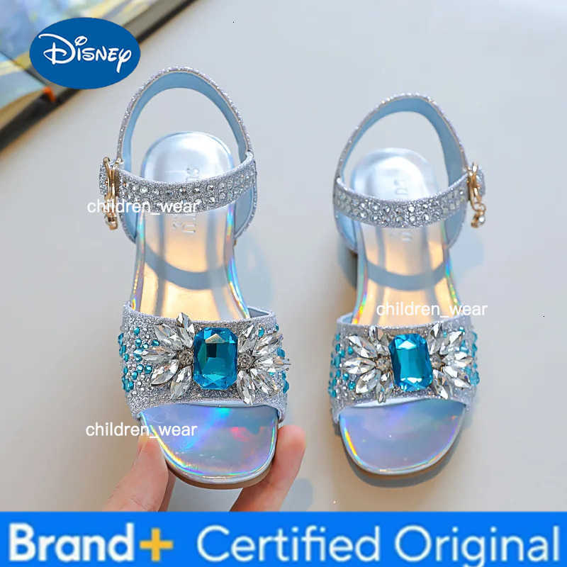 Disney Girls Crystal Princess Shoes 2025 Summer New Thick Heel Childrens Sandals Fashion Rhinestone Girls Performance Beach Shoes H260303