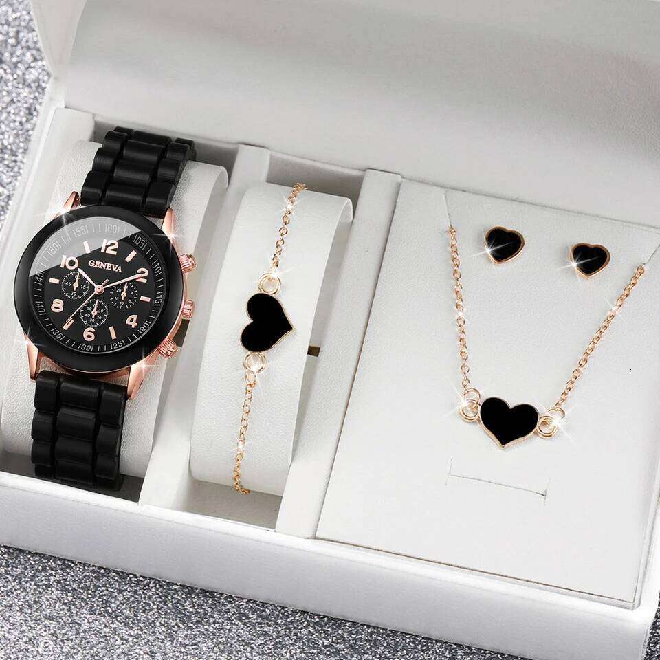 4pcs/set Geneva Watch Fashion Silicone Band Women Quartz Watches Heart Jewelry SetWithout Box XJ260303