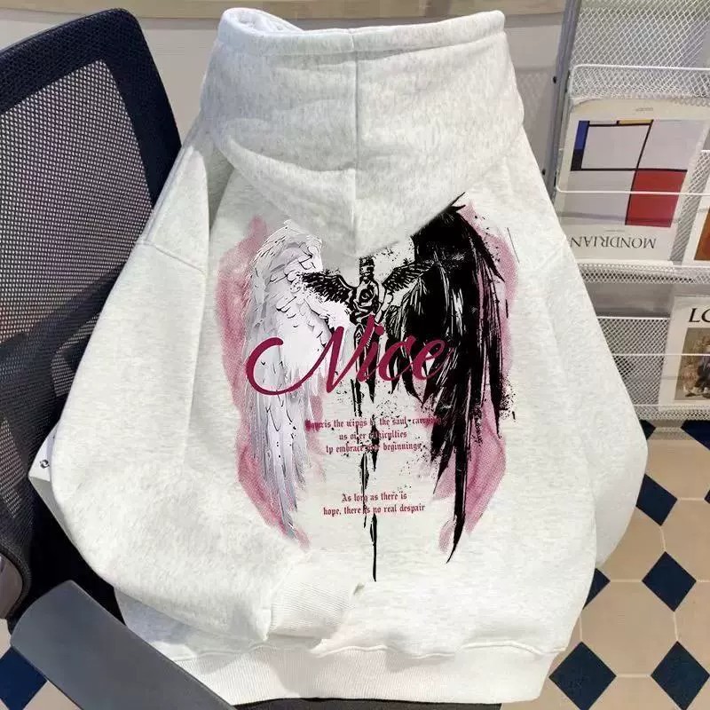 American Vintage Street Wing Sword Print Hoodie, Unisex Autumn Winter Trendy Ins Style Loose Fleece Hooded Sweatshirt