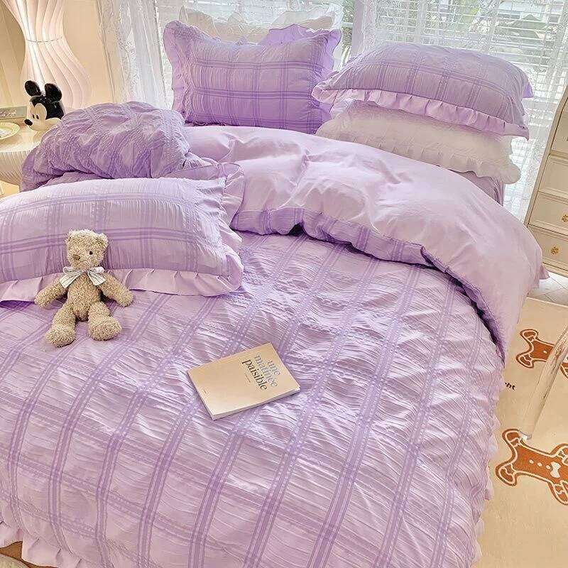 Seersucker Princess Set Solid Color Quilt Cover Kawaii Ruffle Lace Bed Skirt For Girls Woman Bedspread Decor Home W260302