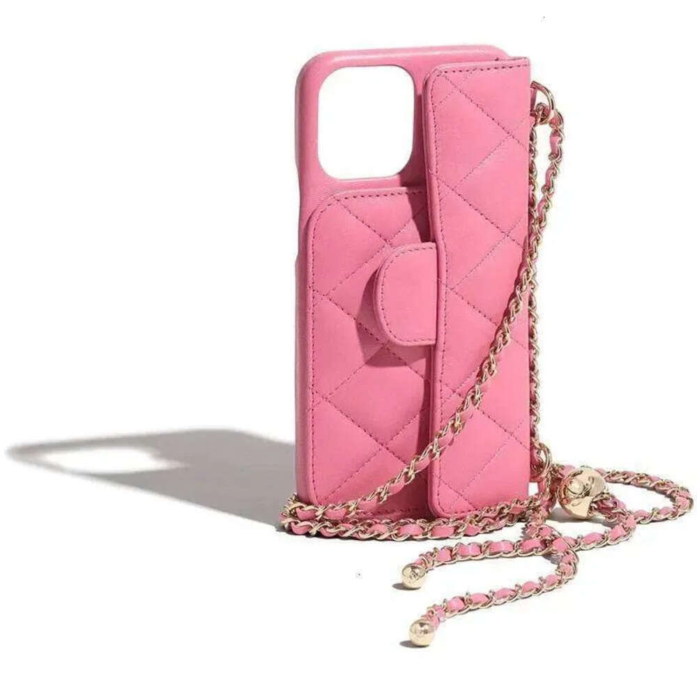 Phone Case Luxury Pink Quilted Leather Crossbody Chain Strap Wallet Card Holder For Iphone 13 14 15 Series