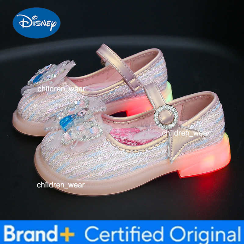 Disney 2025 Cartoon Elsa Soft Bottom Shoes Girl Princess Shoes Frozen Crystal Sandals Children Flat Flower Girl Leather Shoes H260303